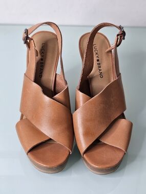 Lucky Brand Platform Sandals Size 10 Tan Leather Crossband Slingback Block Heel